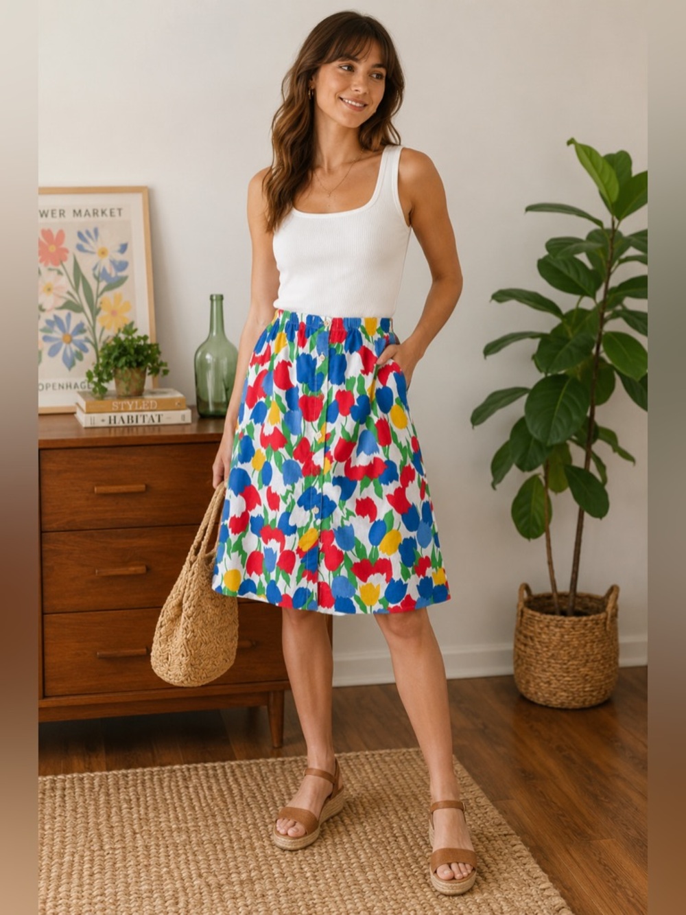 Vintage 80s Barclay Square Women’s S Tulip Print Button Front Skirt Made in USA